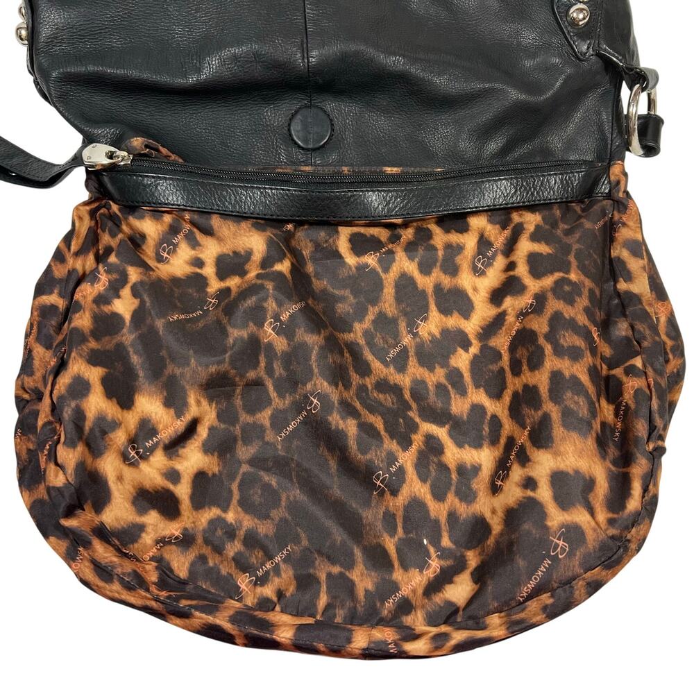 B. Makowsky Hobo Bag Purse Black Pebbled Leather Silver Studded Leopard Lining - Picture 7 of 11